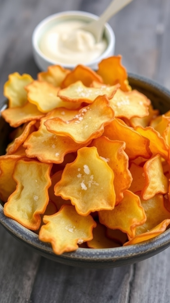 Homemade Potato Chips Recipe A bowl of crispy homemade potato chips with a sprinkle of salt and a side of dip.
